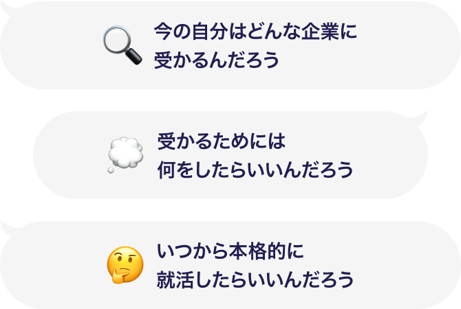 3つの吹き出しの中にそれぞれ自己PRを作成する際の悩みが書かれている。「今の自分はどんな企業に受かるんだろう」、「受かるためには何をしたらいいんだろう」、「いつから本格的に就活したらいいんだろう」